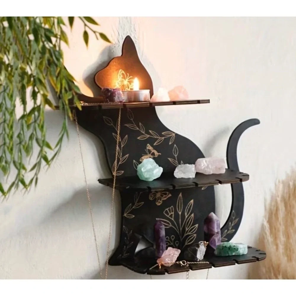 Black Cat Silhouette Wall Shelf Home Decor Black Crystal Display New